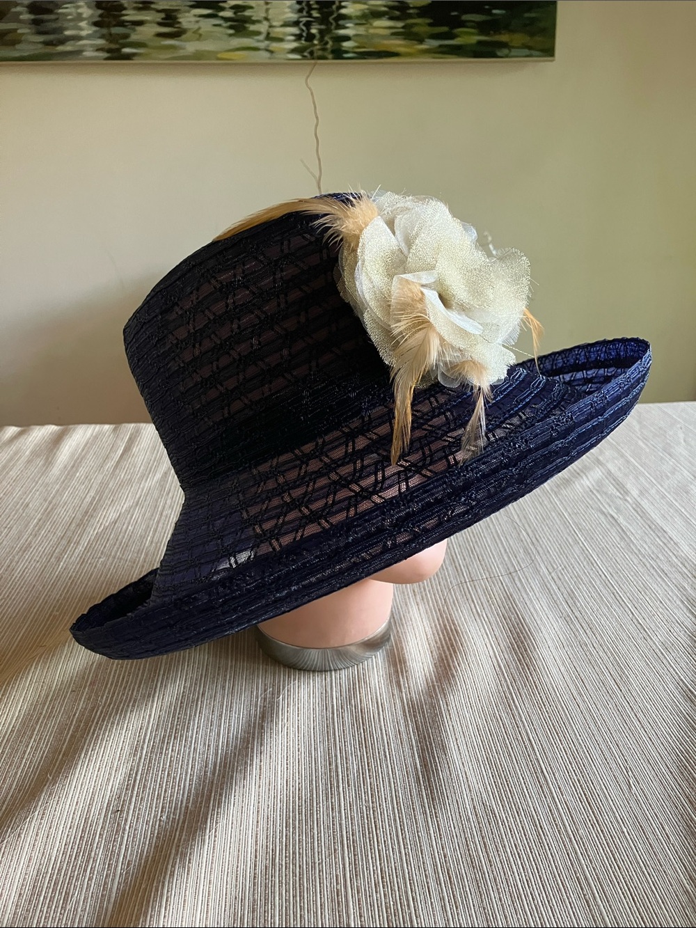 Navy Wide-Brim Hat with Cream Golden Floral Feathered Accent - Picture 3 of 5
